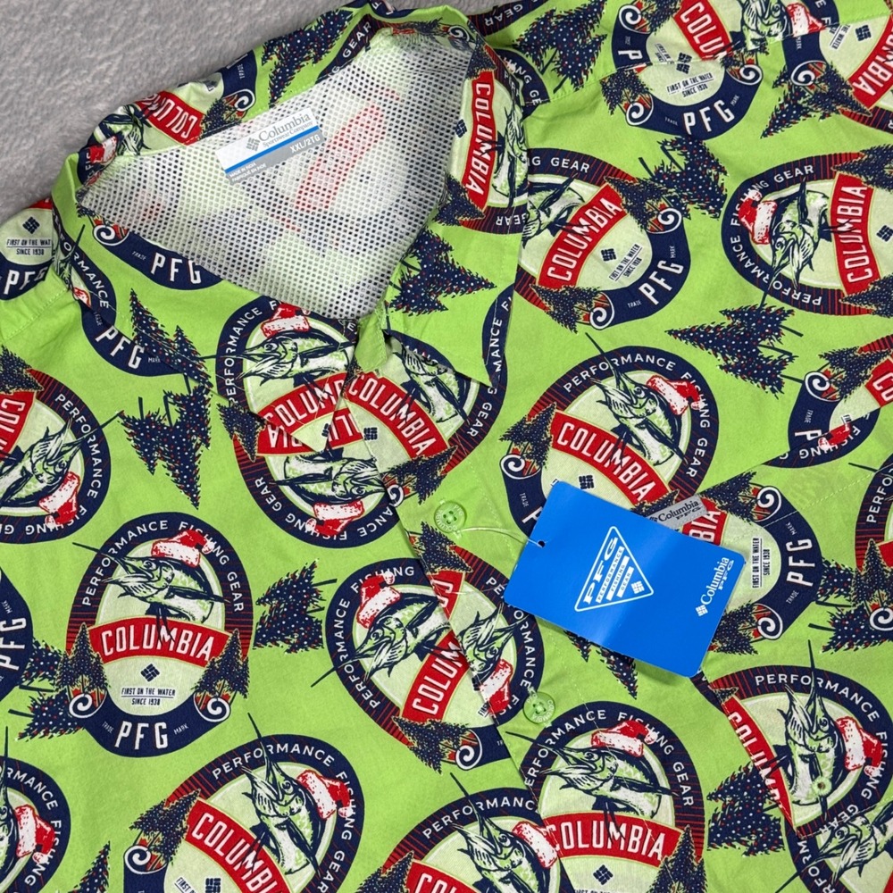 Columbia PFG Shirt Mens XXL Green Marlin Holiday Fishing Button Up